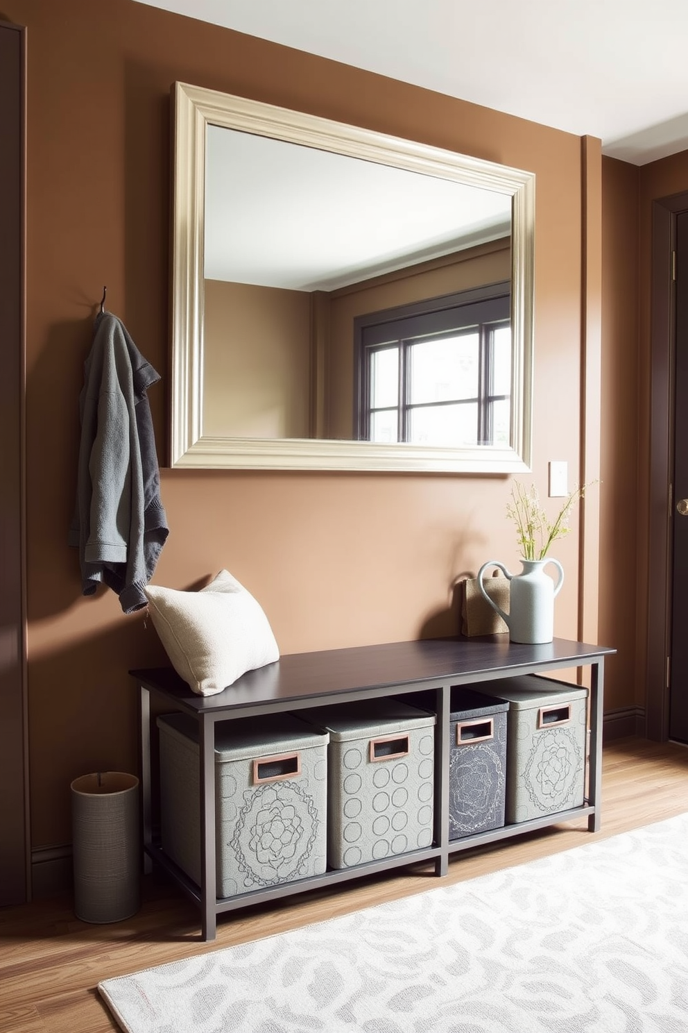 A stylish mudroom featuring a sleek bench with metallic accents and hooks for coats. The walls are painted in a warm earth tone, complemented by a patterned rug that adds texture and warmth to the space. Incorporate decorative storage bins in muted colors to keep the area organized. A large mirror with a metallic frame hangs above the bench, reflecting natural light and enhancing the modern aesthetic.