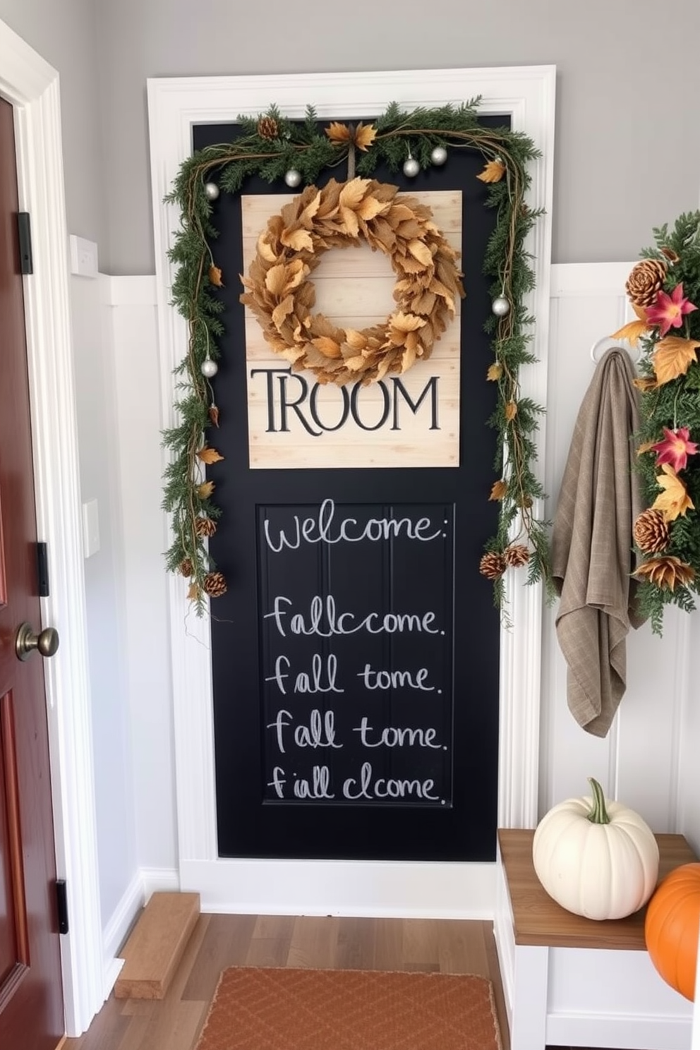 A cozy fall mudroom features a large chalkboard sign welcoming guests with a handwritten message. The space is adorned with seasonal decorations like pumpkins and garlands, creating a warm and inviting atmosphere.