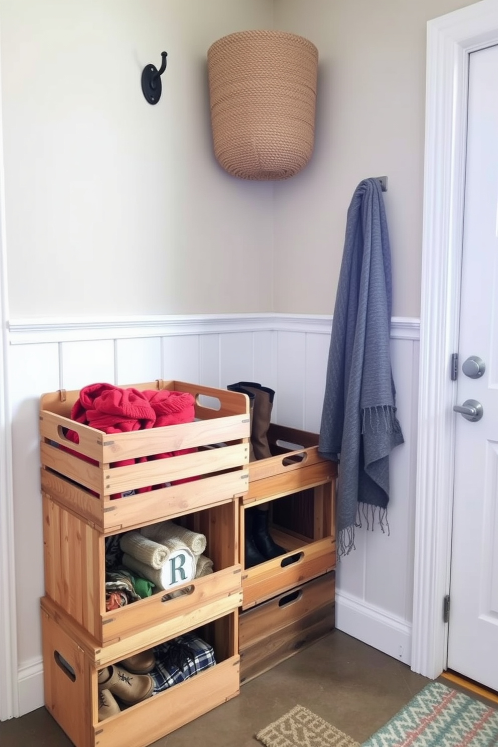 A cozy mudroom features wooden crates stacked in a corner for rustic organization. The crates are filled with seasonal items like boots and scarves, adding warmth and charm to the space.