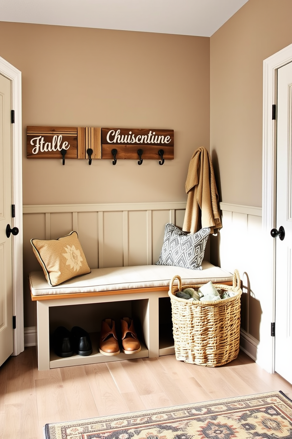 A warm and inviting mudroom features personalized hooks displaying family names, each crafted from rustic wood. The walls are painted in a soft taupe, and the floor is adorned with a durable, patterned rug that adds a touch of color. Incorporating a built-in bench with plush cushions creates a cozy seating area. A decorative basket sits nearby, perfect for storing shoes and outdoor gear, enhancing both functionality and style.