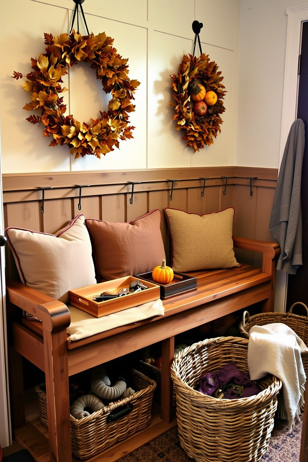 A cozy mudroom featuring a rustic wooden bench with soft cushions. Decorative trays in warm autumn colors are placed on the bench, holding keys and essential items. The walls are adorned with seasonal decor, including wreaths made of dried leaves and pumpkins. A woven basket sits nearby, providing additional storage for scarves and gloves.