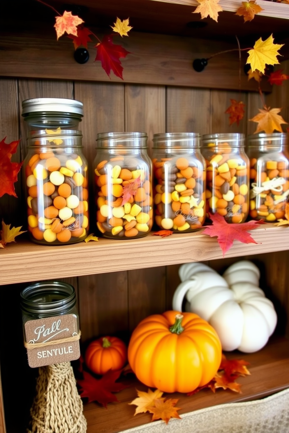 A cozy fall mudroom featuring mason jars filled with seasonal treats. The jars are arranged on a rustic wooden shelf, surrounded by autumn leaves and small pumpkins for a warm touch.