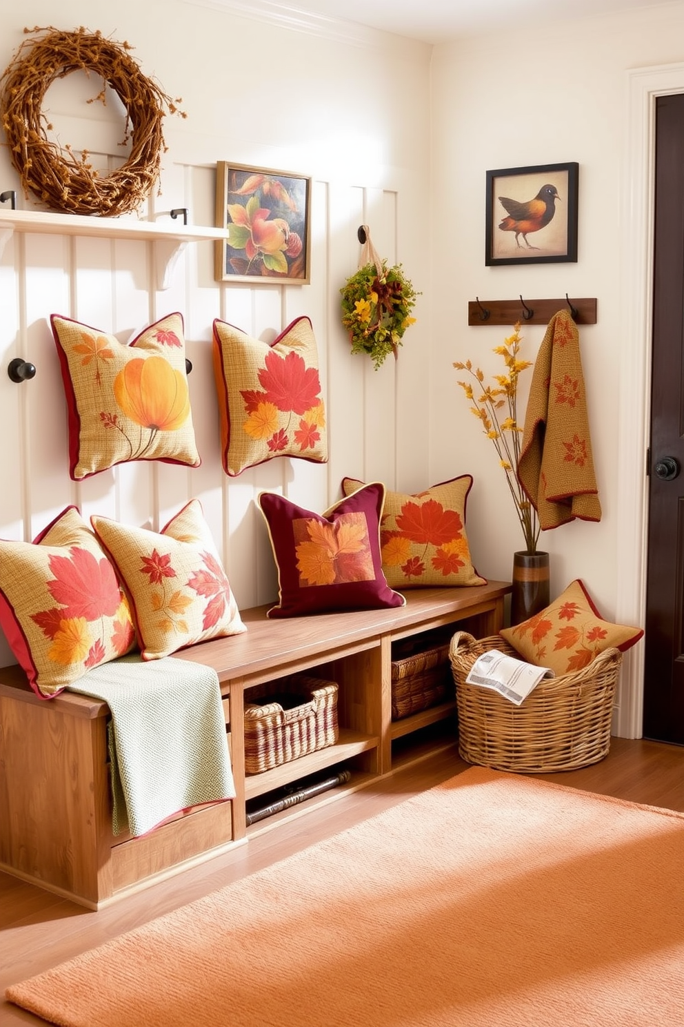 A cozy mudroom adorned with autumn-themed fabric cushion covers. The cushions feature warm colors like burnt orange, deep red, and golden yellow, creating a welcoming atmosphere. A rustic wooden bench provides seating, complemented by a woven basket for storage. The walls are decorated with seasonal artwork, and a soft rug in earthy tones ties the space together.