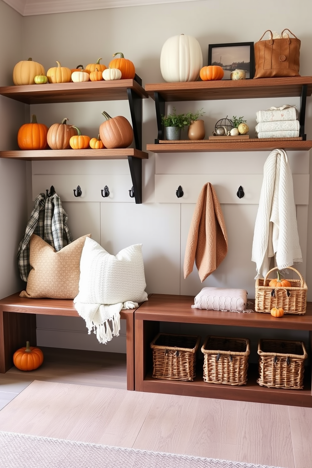 Mini pumpkins arranged on rustic wooden shelves create a warm and inviting atmosphere. The shelves are adorned with soft, textured throws and seasonal decor to enhance the cozy fall aesthetic. The mudroom features a blend of functionality and style with a built-in bench and hooks for coats. Earthy tones and natural elements like woven baskets complement the mini pumpkins for a festive touch.