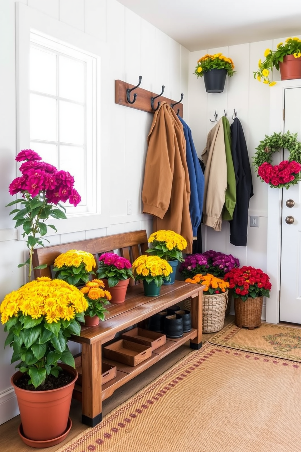 A cozy mudroom adorned with potted mums in vibrant colors. The space features a rustic bench with hooks above for hanging jackets and a warm, inviting rug underfoot.