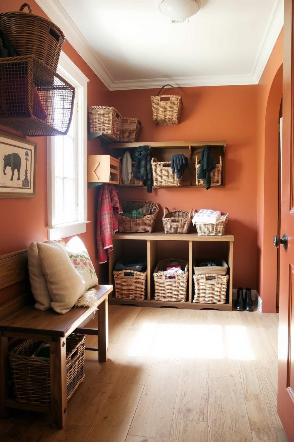 A cozy mudroom adorned with vintage baskets for stylish storage solutions. The walls are painted in warm earthy tones, and a rustic bench sits against one side, providing a perfect spot to sit and remove shoes. The vintage baskets are artfully arranged on shelves, each filled with seasonal items like scarves and gloves. Natural light streams in through a small window, illuminating the space and creating an inviting atmosphere.