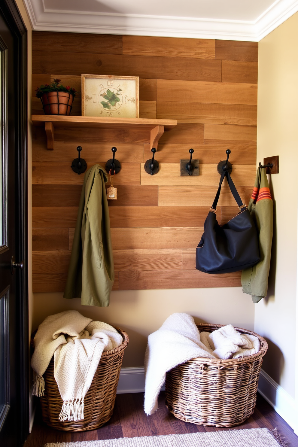 A cozy mudroom features rustic wooden hooks mounted on a reclaimed wood wall, ideal for hanging coats and bags. The space is adorned with warm earth tones, complemented by a woven basket filled with cozy blankets in the corner.