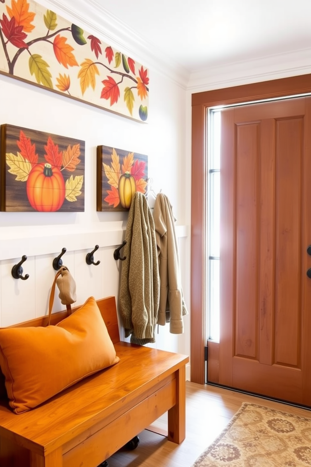 Colorful fall-themed wall art featuring vibrant leaves and pumpkins adorns the walls of a cozy mudroom. The space is enhanced with rustic wooden hooks for hanging coats and a warm-toned bench for seating, inviting a seasonal charm.