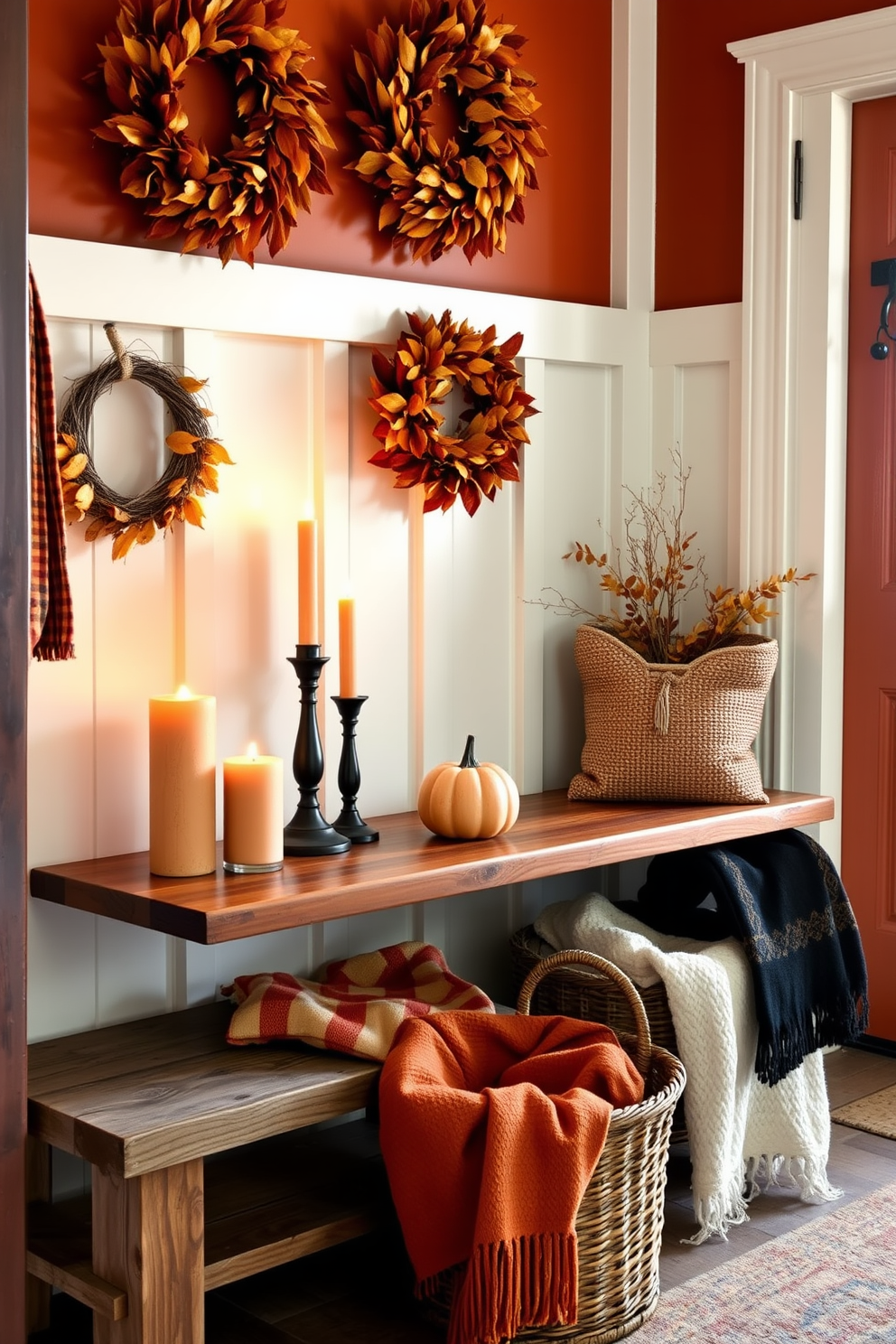 A cozy mudroom designed for autumn welcomes you with a warm color palette of burnt orange and deep browns. Scented candles in autumn fragrances are strategically placed on a rustic wooden bench, enhancing the inviting atmosphere. The walls are adorned with seasonal decorations, including wreaths made of dried leaves and pumpkins. A woven basket filled with cozy blankets sits nearby, offering comfort as you step in from the chilly outdoors.