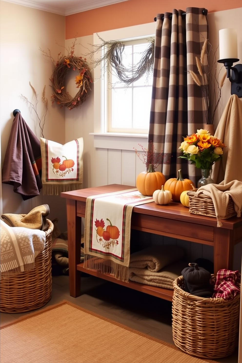 A cozy mudroom adorned with harvest-themed table runners draped elegantly over rustic wooden consoles. The space features warm autumn colors, with pumpkins and gourds artfully arranged alongside woven baskets filled with cozy blankets.