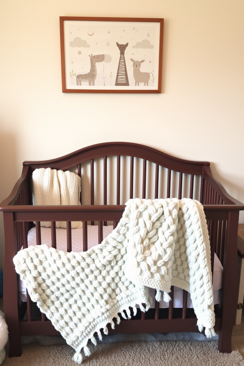 A warm and inviting nursery featuring a crib adorned with cozy knitted blankets in soft pastel colors. The walls are painted in a gentle cream hue, complemented by whimsical animal-themed artwork hanging above the crib.