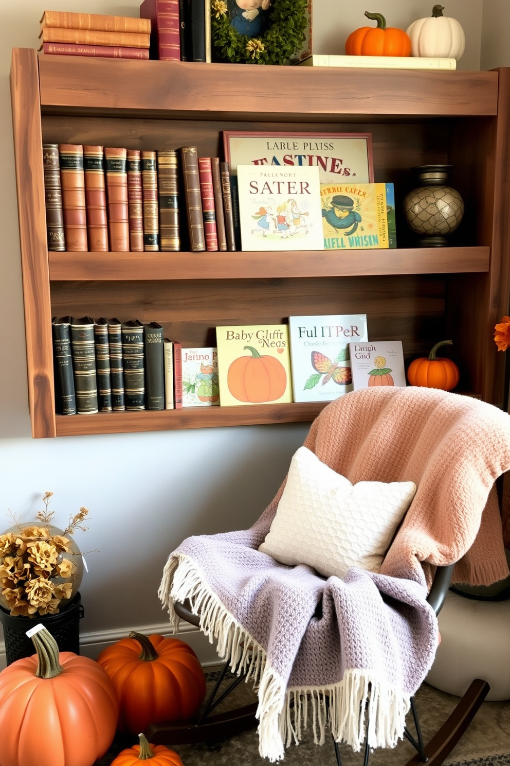 Vintage books displayed on a shelf. The shelf is made of reclaimed wood and features a mix of leather-bound volumes and colorful children's books, creating a warm and inviting atmosphere. Fall nursery decorating ideas. Soft, cozy blankets in autumn hues are draped over a rocking chair, while pumpkin-themed decor accents the space, enhancing the seasonal charm.