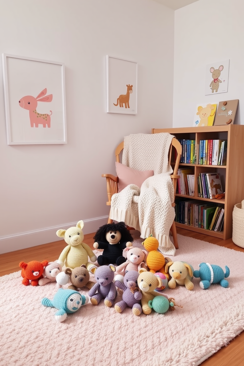 Handmade crochet toys are thoughtfully arranged on a soft, pastel-colored rug in a cozy nursery. The walls are adorned with whimsical animal-themed artwork, creating a playful and inviting atmosphere. The room features a comfortable rocking chair draped with a knitted blanket, perfect for storytime. A wooden bookshelf filled with colorful children's books complements the warm, welcoming decor.