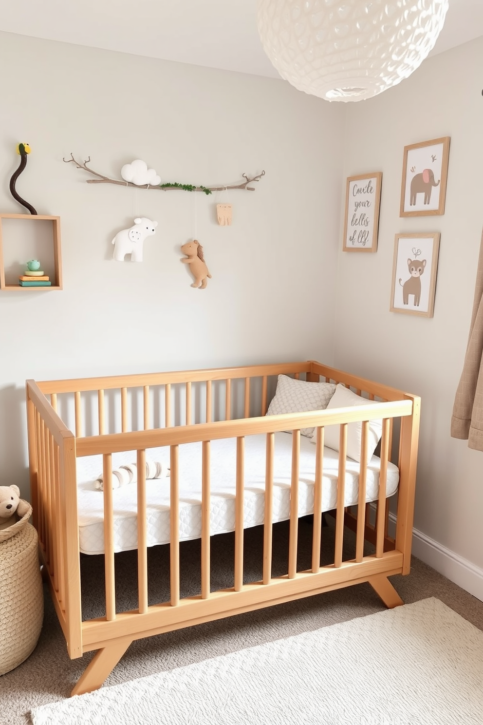 A cozy nursery featuring a natural wood crib adorned with a soft, plush mattress. The walls are painted in a gentle pastel color, and whimsical animal-themed decor adds a playful touch to the space.