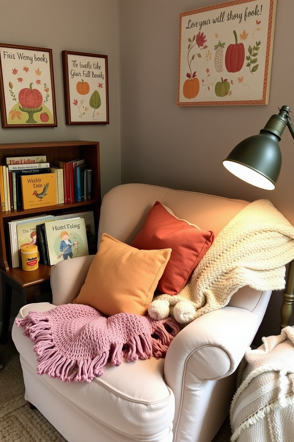 A cozy nook filled with seasonal storybooks invites warmth and comfort. Plush cushions in autumn hues are scattered on a soft, oversized armchair next to a small wooden side table. The walls are adorned with whimsical wall art featuring fall themes and colors. A gentle glow from a nearby lamp illuminates a knitted blanket draped over the armchair, creating a perfect reading spot.