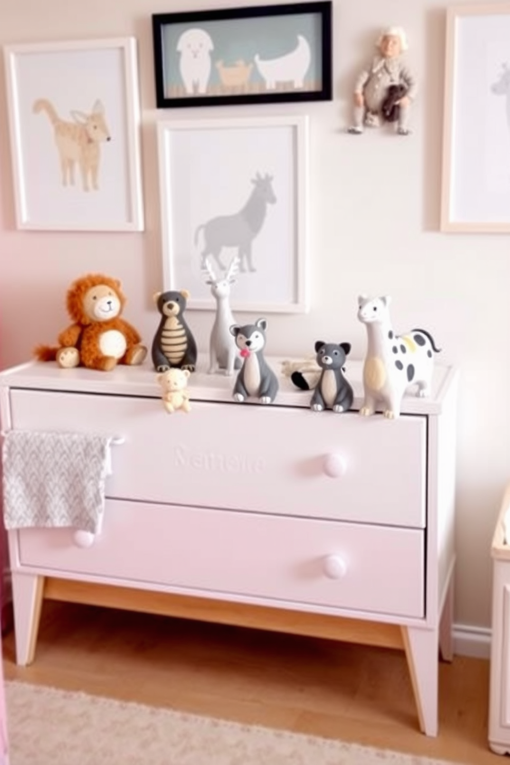 Cute animal figurines are playfully arranged on a white dresser, bringing a whimsical touch to the nursery. Soft pastel colors dominate the decor, with gentle animal-themed artwork adorning the walls.