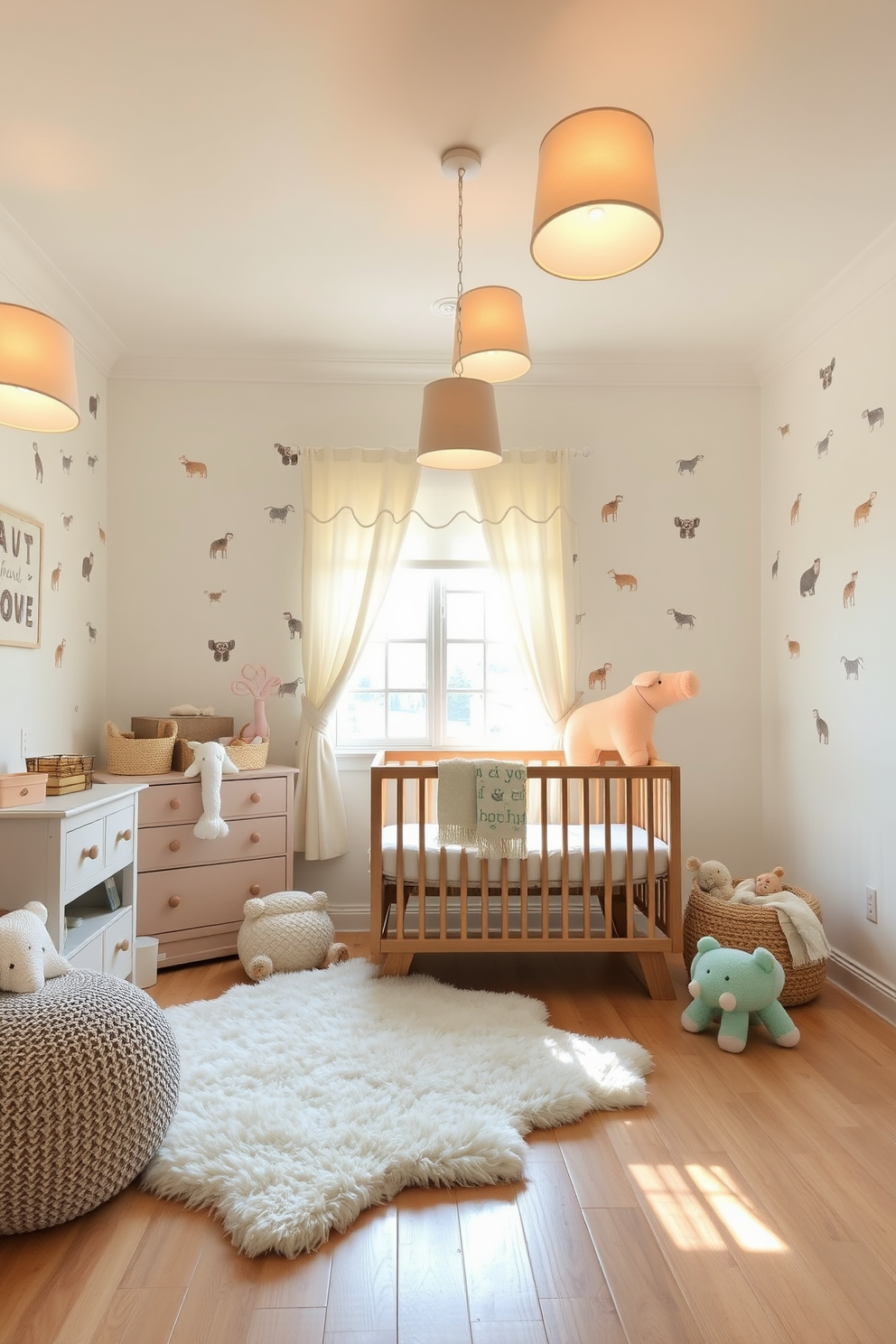 A cozy nursery filled with warm lighting emanating from soft lampshades that create a soothing atmosphere. The walls are painted in a gentle pastel hue, adorned with whimsical animal prints that inspire a sense of wonder. A plush area rug lies on the floor, providing a comfortable space for playtime. A wooden crib with a soft bedding set is positioned near a window, allowing natural light to filter in beautifully.