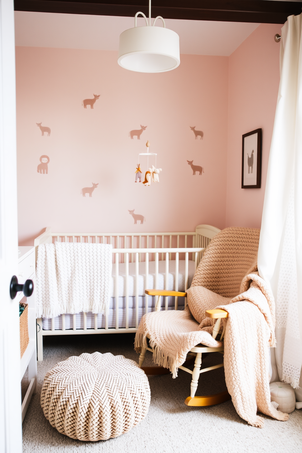 A cozy nursery filled with soft textures and warm colors. There are plush textured throw blankets draped over a rocking chair, creating a welcoming space for parents and babies alike. The walls are painted in a soft pastel hue, adorned with whimsical animal prints. A mobile hangs above the crib, and a knitted pouf adds an extra layer of comfort to the room.