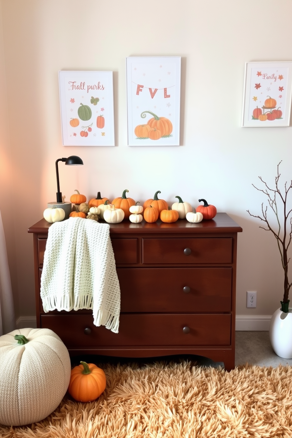 A charming nursery scene featuring a wooden dresser adorned with a collection of miniature pumpkins in various sizes and colors. Soft, warm lighting enhances the cozy atmosphere, while a plush rug in autumn hues lies beneath the dresser. The walls are painted in a gentle pastel shade, complemented by whimsical wall art depicting fall themes. A small, knitted blanket is draped over the dresser, adding texture and warmth to the overall design.