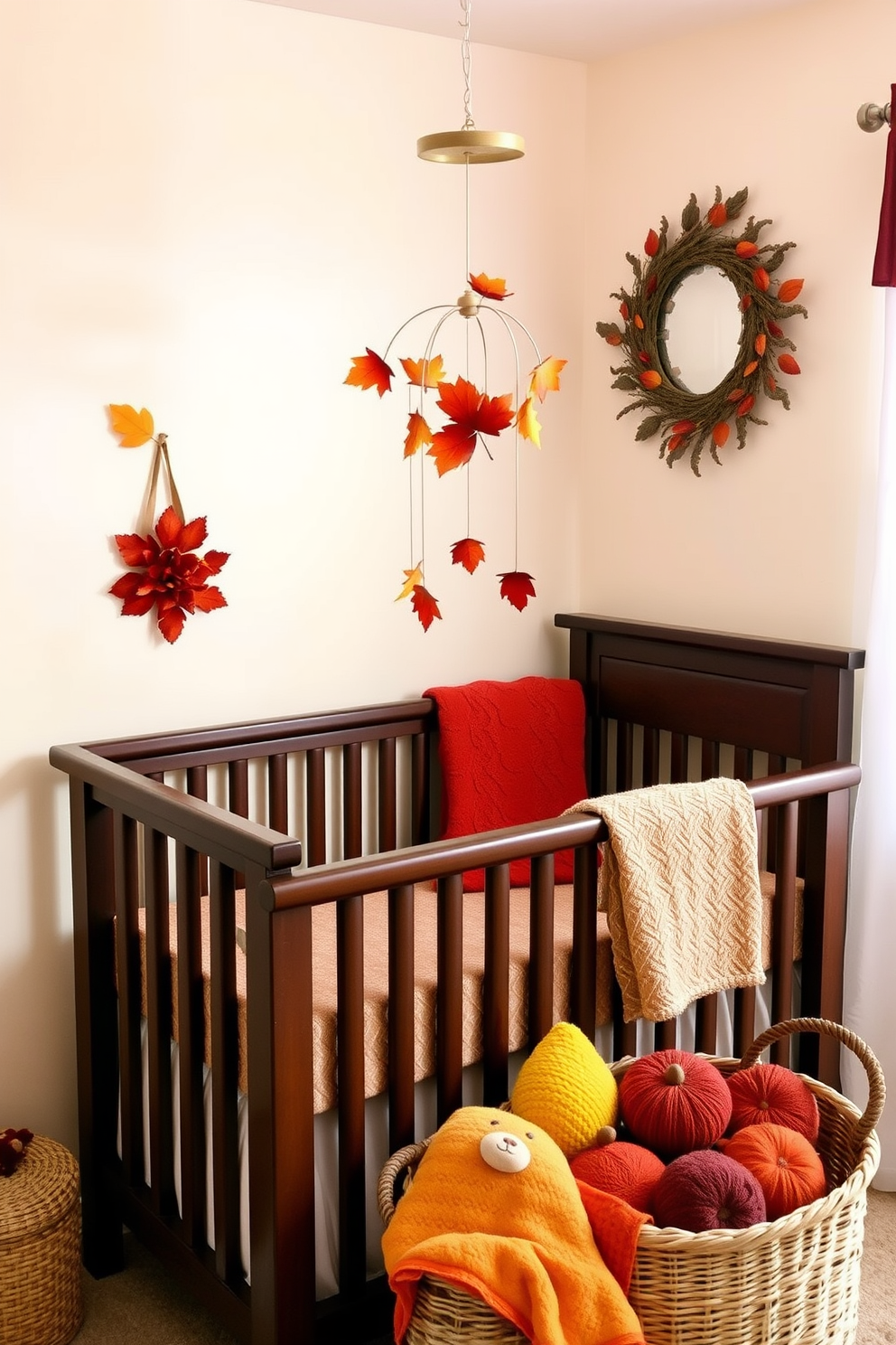 A cozy nursery adorned with fall-themed decorations. A mobile featuring leaves in warm hues of orange, red, and yellow hangs gently above the crib, creating a serene atmosphere. The walls are painted in soft cream, complemented by accents of deep burgundy. Plush toys and blankets in autumn colors are neatly arranged in a woven basket nearby, enhancing the seasonal charm.