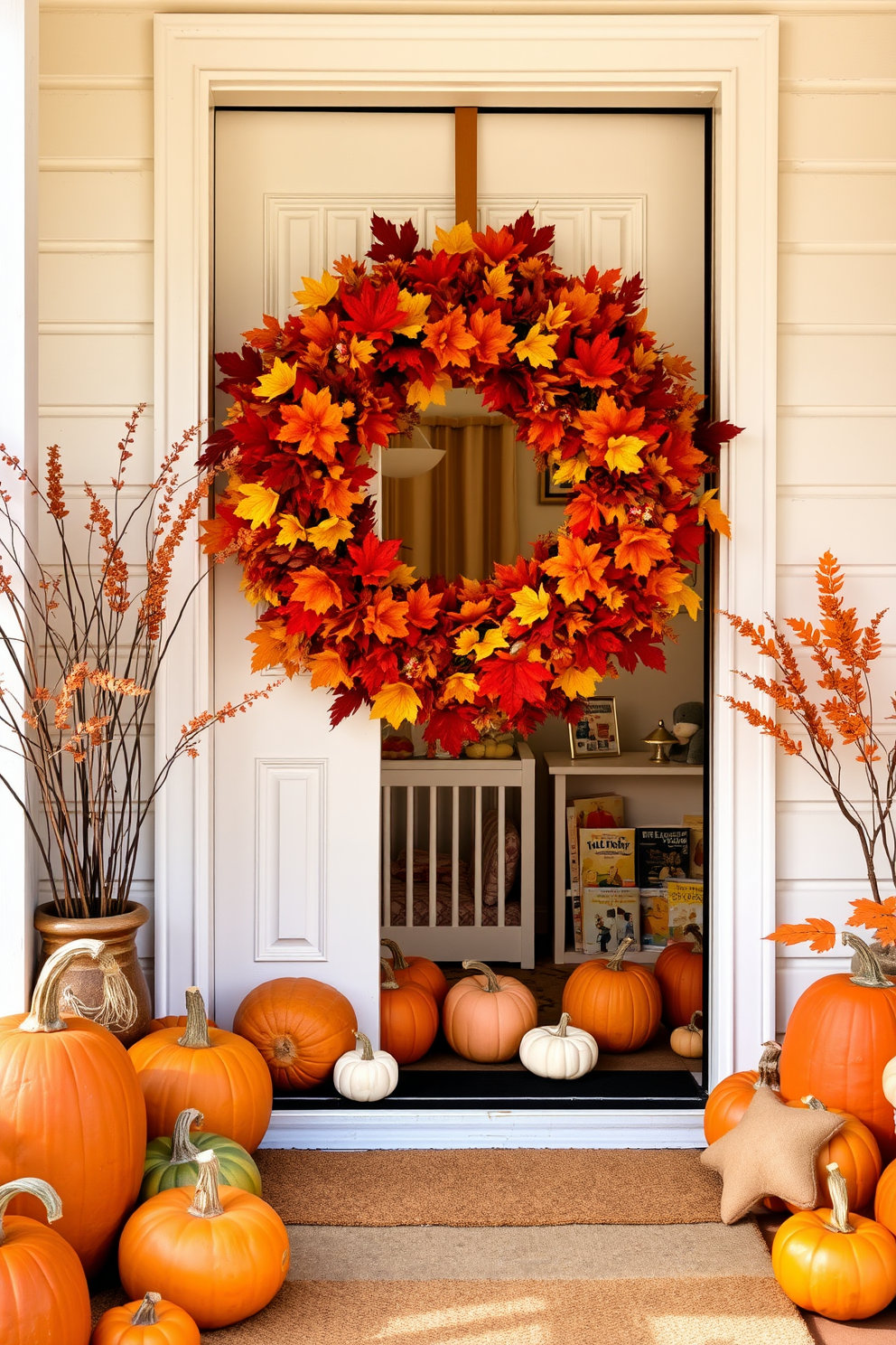 A vibrant fall wreath adorns the front door, showcasing a mix of deep reds, bright oranges, and golden yellows that capture the essence of the season. Surrounding the entrance, pumpkins in various sizes create a warm and inviting atmosphere. Inside the nursery, soft pastel colors are complemented by autumn-themed decor, including plush toys shaped like leaves and acorns. A cozy reading nook features a small bookshelf filled with fall-inspired storybooks, enhancing the seasonal charm of the space.