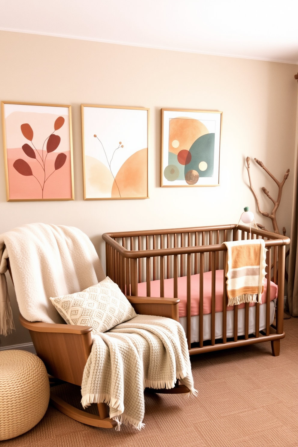 Warm earth-toned wall art accents create a cozy and inviting atmosphere in a fall nursery. The artwork features soft hues of rust, ochre, and deep green, complementing the gentle lighting and natural wood elements throughout the space. Plush textiles and organic shapes enhance the comfort of the room, making it a perfect haven for both baby and parents. Cozy blankets drape over a rocking chair, while a whimsical mobile hangs above the crib, adding a playful touch to the serene environment.