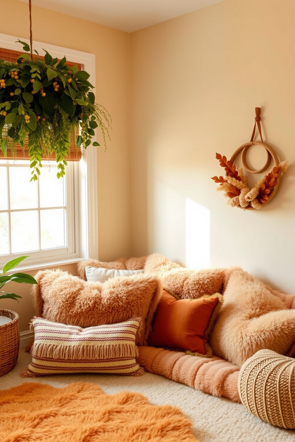 Soft cushions in warm hues create a cozy and inviting atmosphere in a fall nursery. The space features a gentle color palette of soft oranges, yellows, and browns, with plush textiles that encourage relaxation and comfort.