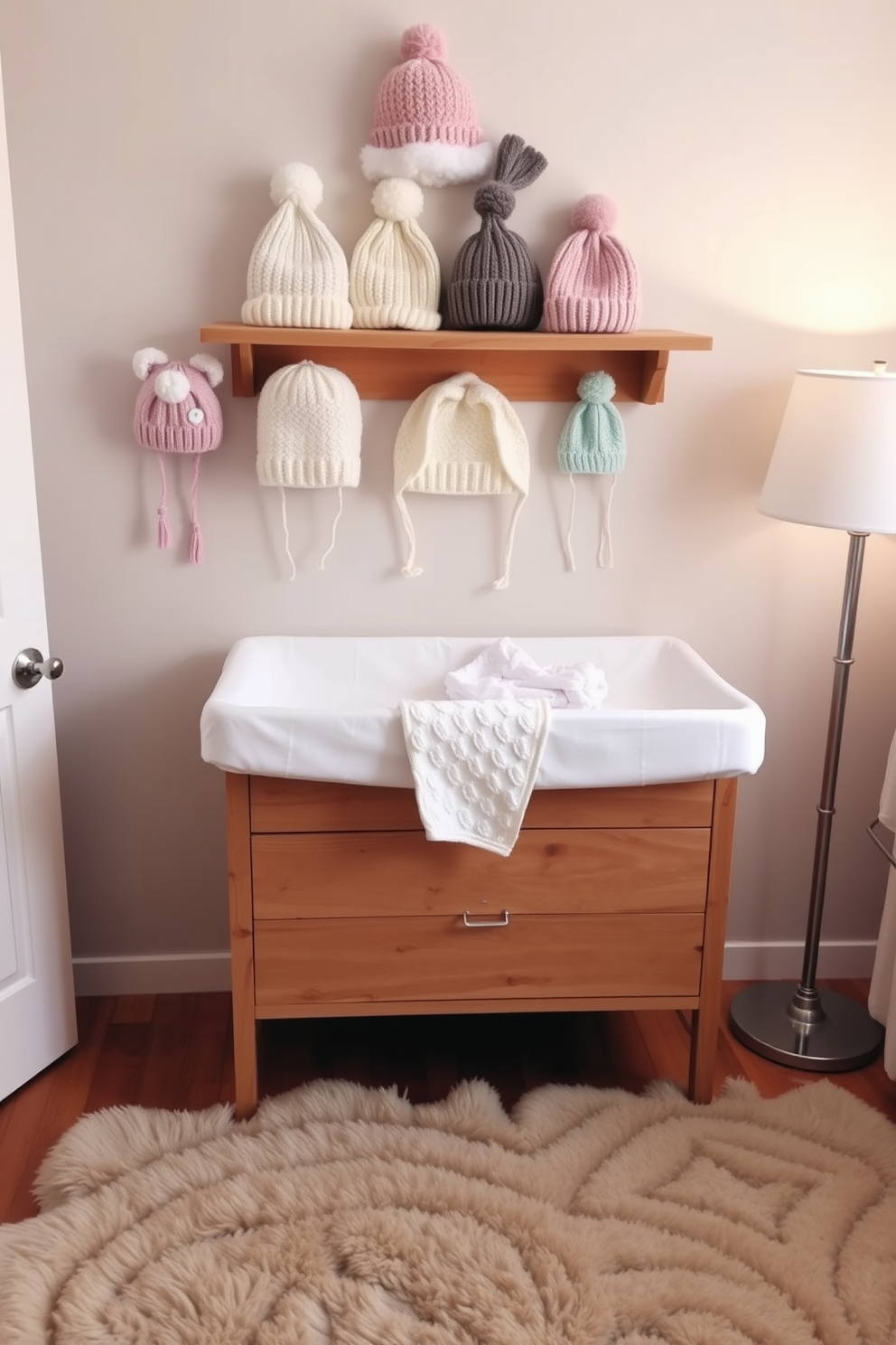 Cute knitted hats displayed as decor in a charming nursery setting. The hats are arranged on a wooden shelf above a cozy changing table, with soft pastel colors creating a warm atmosphere. A plush rug in muted tones covers the floor, adding comfort and style. Gentle lighting from a nearby lamp casts a soft glow, enhancing the inviting feel of the space.