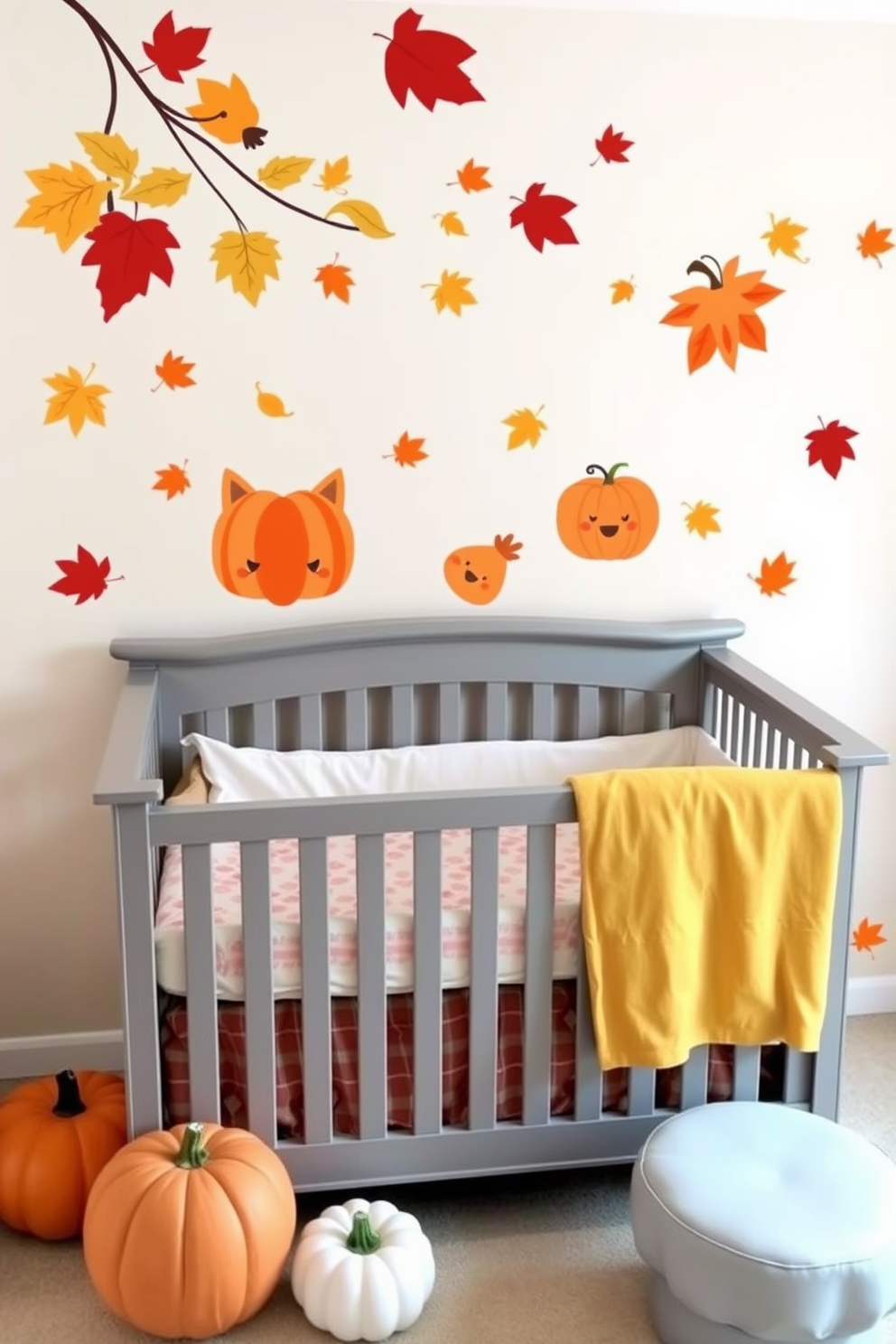 A cozy nursery adorned with fall-themed wall decals featuring vibrant leaves and cheerful pumpkins. Soft pastel colors complement the warm autumn hues, creating a playful yet serene atmosphere for a child's room.