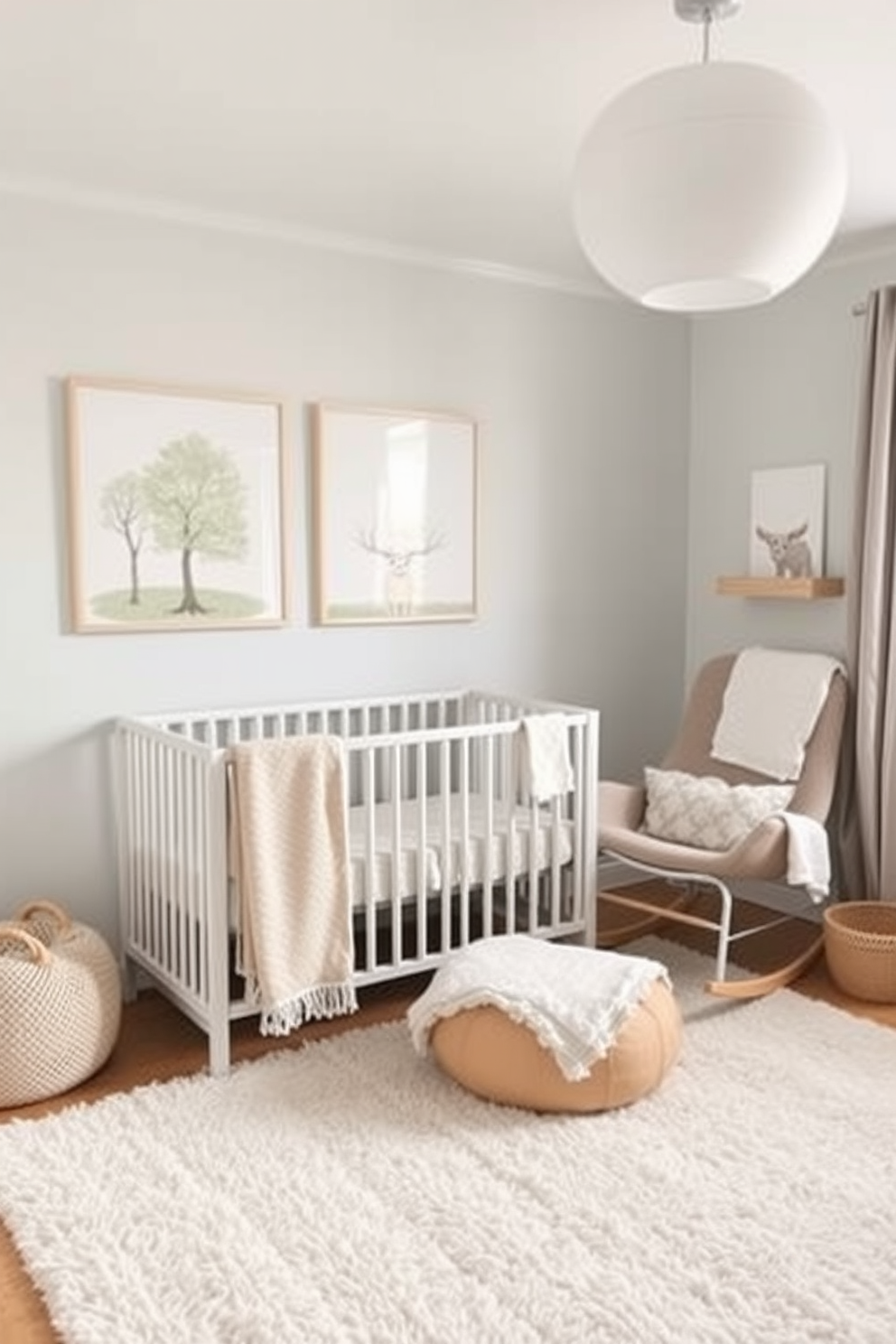 A serene nursery space featuring nature-inspired artwork that evokes a calming atmosphere. Soft pastel colors dominate the walls, with framed prints of trees and gentle animals hung at eye level to engage little ones. Cozy textiles are layered throughout, including a plush area rug and soft throw blankets. A comfortable rocking chair is positioned near a window, inviting quiet moments of bonding and reflection.