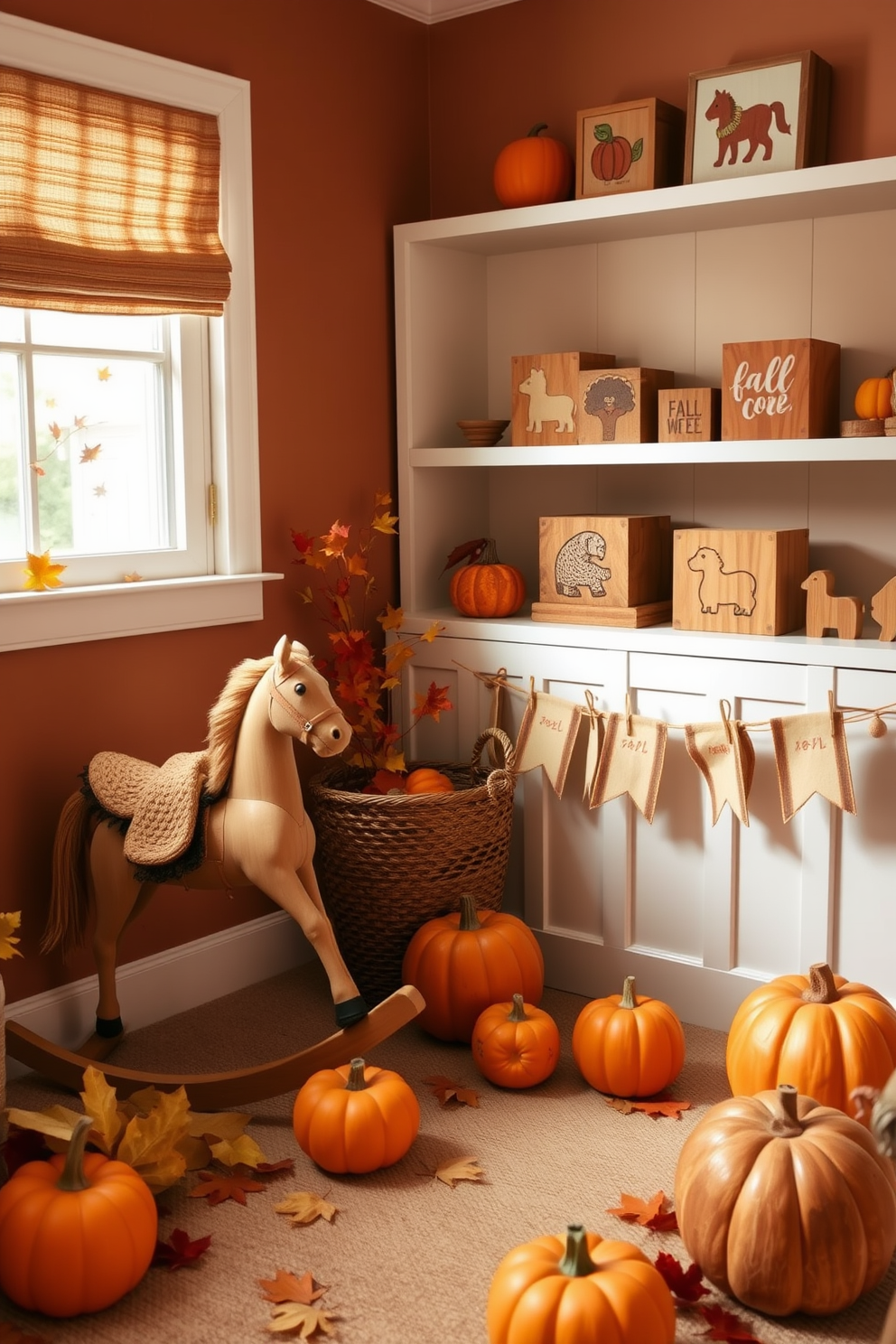 A cozy fall nursery filled with wooden toys that complement the autumn theme. The room features warm colors like deep oranges and soft browns, creating a welcoming atmosphere. A wooden rocking horse sits in one corner, surrounded by plush pumpkins and leaves. On the shelves, handcrafted wooden blocks display fall-themed shapes and animals, enhancing the seasonal decor.