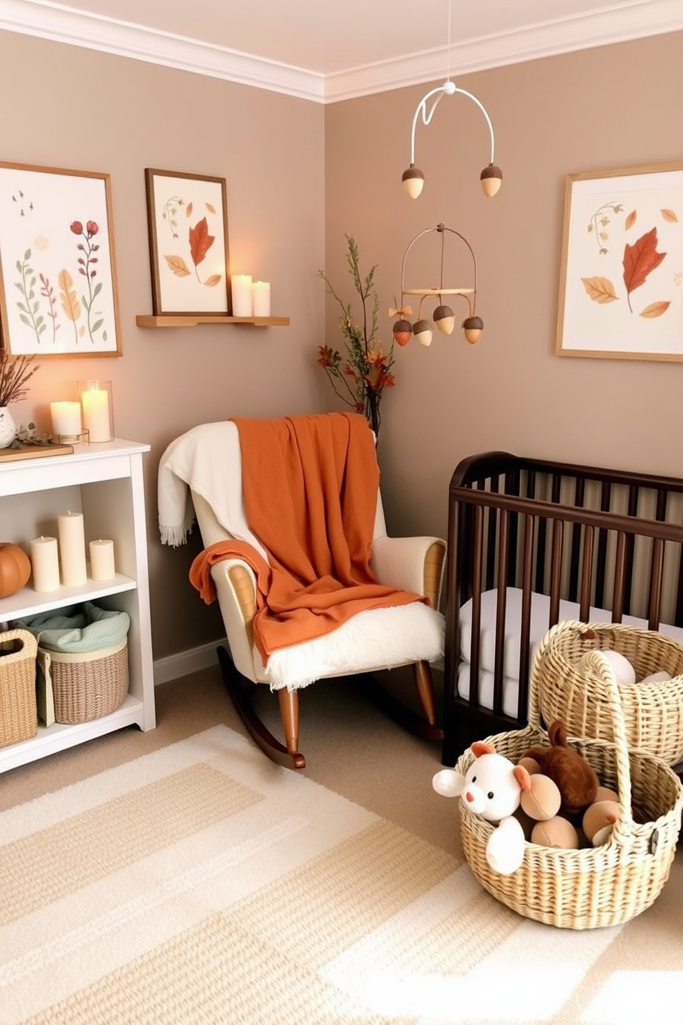 A cozy fall nursery filled with seasonal scents. Soft blankets in warm tones are draped over a plush rocking chair, and safe candles flicker gently on a nearby shelf. The walls are adorned with whimsical autumn-themed artwork, and a mobile featuring leaves and acorns hangs above the crib. A woven basket filled with plush toys sits in the corner, enhancing the inviting atmosphere.