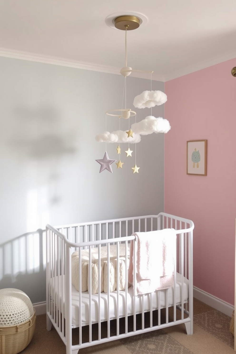 A serene nursery setting designed for tranquility. Soft pastel colors adorn the walls, creating a calming atmosphere perfect for gentle lullaby music playing softly in the background. A cozy crib with plush bedding sits in the center of the room. A whimsical mobile hangs above, featuring soft clouds and stars that sway gently, enhancing the soothing ambiance.