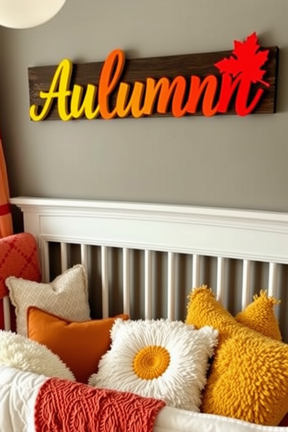 A cozy nursery featuring a personalized name sign in vibrant autumn colors. The decor includes soft, plush blankets and decorative pillows in shades of orange, yellow, and red, creating a warm and inviting atmosphere.