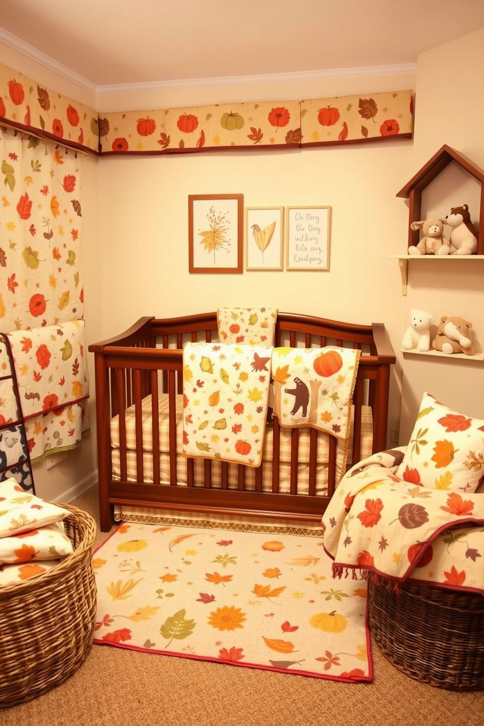 A cozy nursery adorned with layered bedding featuring warm autumn prints. The bedding includes a mix of soft quilts, plush pillows, and a lightweight throw, all in shades of orange, yellow, and brown. The walls are painted in a soft cream color, creating a warm and inviting atmosphere. A wooden crib sits in the center of the room, surrounded by whimsical decor such as plush animals and seasonal artwork.