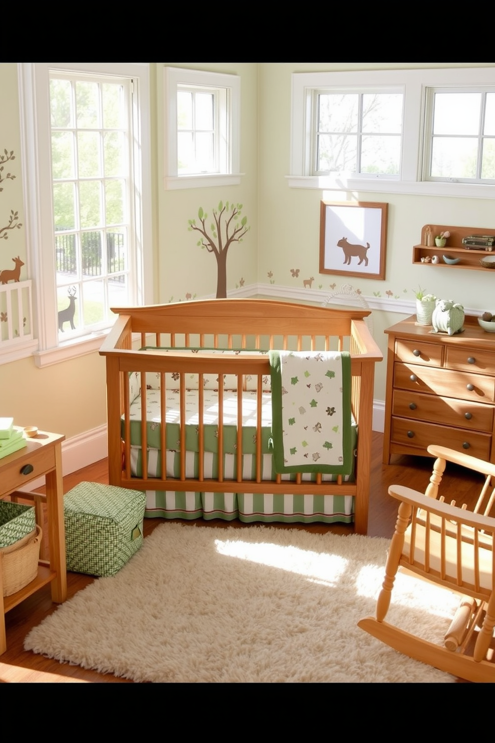 A cozy nursery featuring a nature-inspired crib bedding set with soft greens and earthy tones. The walls are adorned with whimsical forest animal decals, and a plush area rug adds warmth to the space. Natural wood furniture complements the bedding, including a changing table and a rocking chair. Large windows allow plenty of sunlight to illuminate the room, creating a serene and inviting atmosphere.