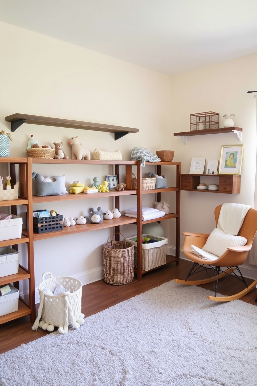 A cozy nursery filled with rustic wooden shelves for storage. The shelves are adorned with soft toys, books, and decorative baskets in soothing pastel colors. The walls are painted in a gentle cream hue, creating a warm and inviting atmosphere. A plush area rug in soft gray adds comfort, while a stylish rocking chair sits in the corner for quiet moments.