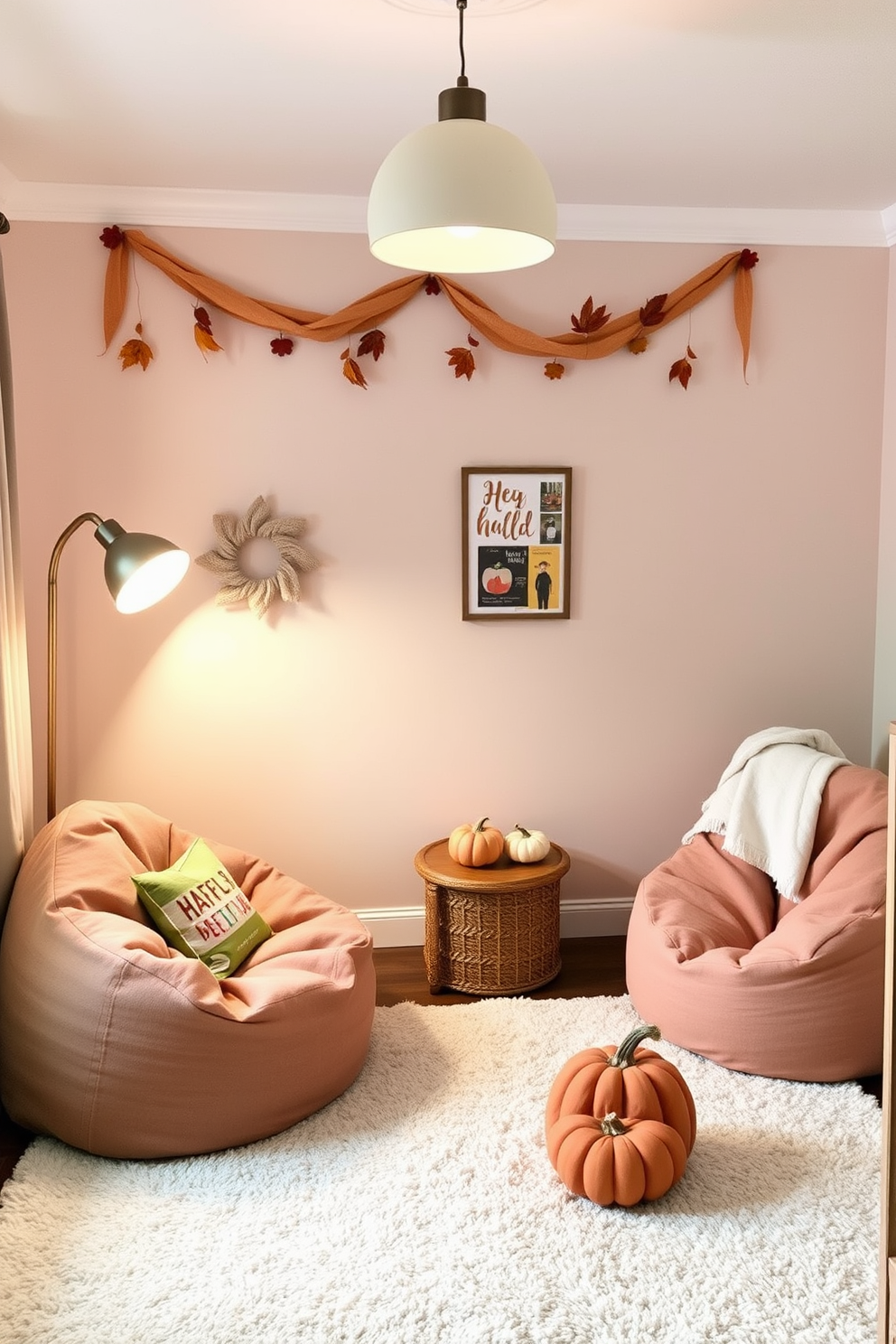 Cozy reading corner with bean bags. A soft rug covers the floor, and a floor lamp provides warm light for reading. Fall nursery decorating ideas. The walls are adorned with soft pastel colors, and seasonal decorations like pumpkins and leaves create a welcoming atmosphere.