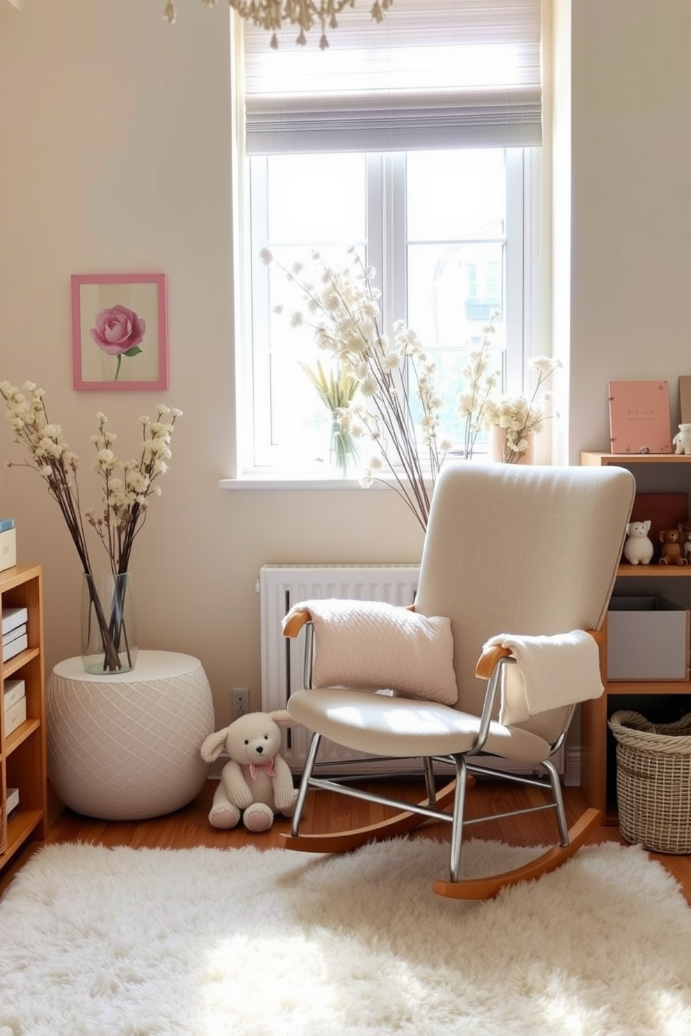 A cozy nursery adorned with dried flower arrangements in elegant vases. Soft pastel colors dominate the space, with a gentle rocking chair positioned near a window, allowing natural light to illuminate the decor. The walls are painted in a warm cream hue, complemented by a plush area rug that adds texture. A wooden shelf displays charming books and small toys, enhancing the inviting atmosphere of the room.