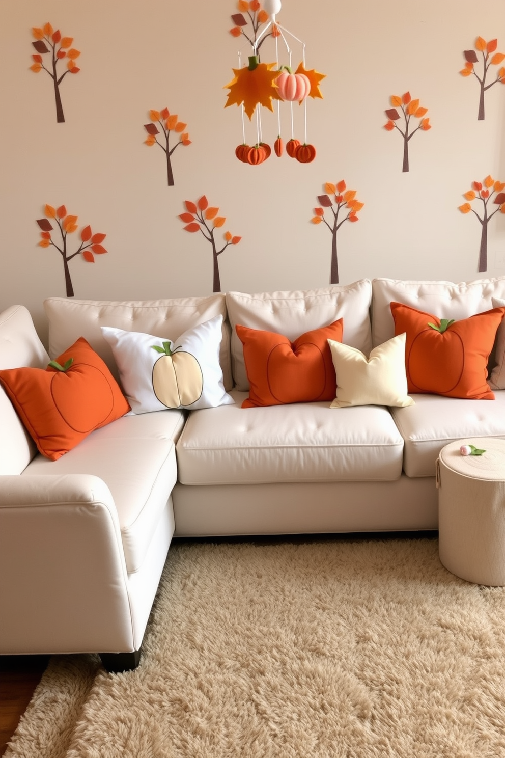 Cozy pumpkin-themed decorative pillows are arranged on a soft cream-colored sofa, adding warmth and seasonal charm to the living room. The pillows feature various shades of orange, with playful pumpkin patterns that complement the autumn decor. In a fall nursery, the walls are painted in a soft beige, adorned with whimsical tree decals in warm autumn colors. A plush area rug in earthy tones anchors the space, while a mobile with felt leaves and pumpkins gently sways above the crib.