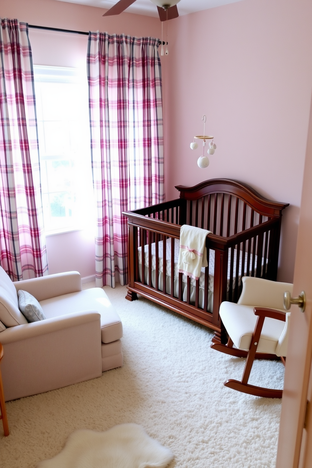 A cozy nursery filled with soft plaid patterns on the curtains creates a warm and inviting atmosphere. The walls are painted in a gentle pastel hue, complementing the plush white carpet that adds comfort underfoot. A beautifully crafted wooden crib sits against one wall, adorned with a delicate mobile that gently sways. A comfortable rocking chair in the corner provides a perfect spot for quiet moments and bonding with the little one.