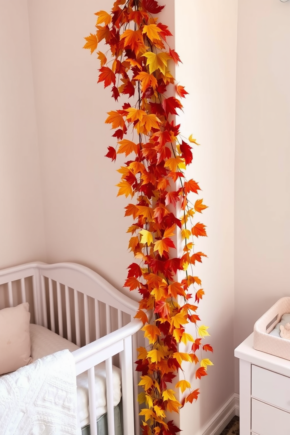 A cozy nursery adorned with a garland of vibrant autumn leaves draped along the wall. Soft pastel colors complement the warm tones of the leaves, creating a welcoming atmosphere for a child.