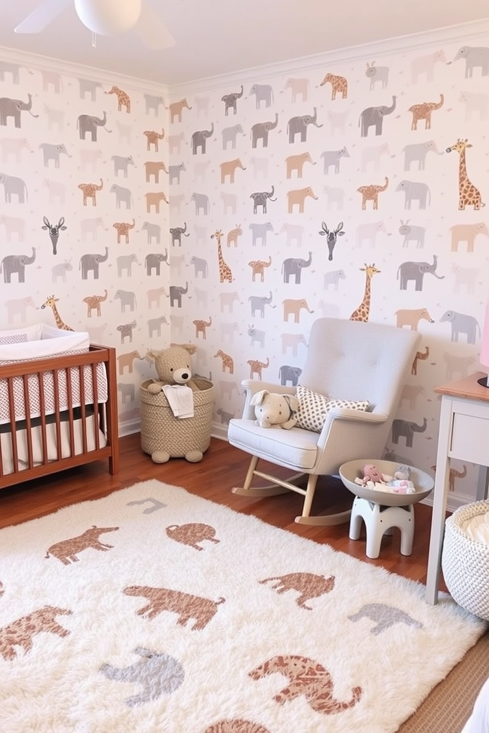 A cozy nursery filled with whimsical animal prints on the walls creates a playful atmosphere. Soft pastel colors dominate the decor, featuring a mix of elephants, giraffes, and bunnies in a charming pattern. A comfortable rocking chair sits in the corner, upholstered in a light fabric that complements the prints. A plush area rug with animal motifs adds warmth to the space, inviting little ones to play and explore.