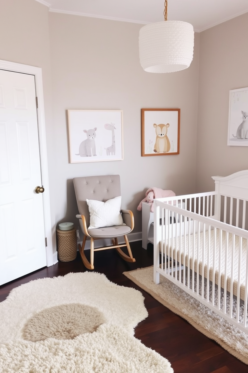 A cozy nursery featuring neutral-toned area rugs that provide warmth and comfort. Soft textures and calming colors create a serene atmosphere for both baby and parent. The walls are adorned with whimsical animal-themed artwork in soft pastels. A comfortable rocking chair is placed in the corner, accompanied by a small side table for convenience.