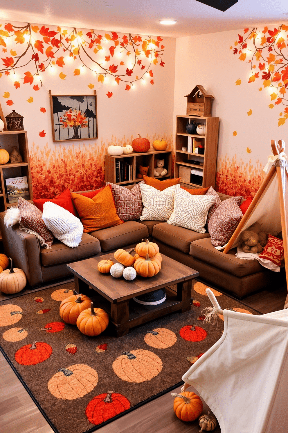 Cozy pumpkin patch corner seating features a collection of plush, oversized cushions in warm autumn colors arranged around a rustic wooden coffee table. Surrounding the seating area, decorative pumpkins of various sizes and textures add a seasonal touch, while soft string lights create a warm and inviting atmosphere. Fall playroom decorating ideas include a vibrant mural of falling leaves on one wall, complemented by a playful area rug with pumpkin and acorn patterns. Shelves are filled with seasonal books and toys, and a cozy reading nook with a small tent invites children to explore their imagination.