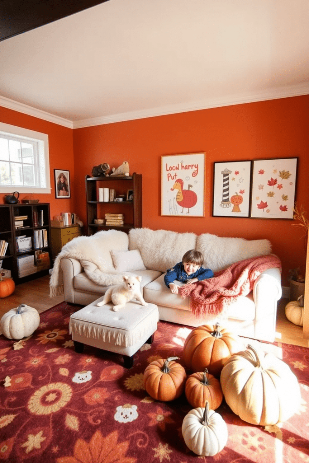 A cozy playroom infused with warmth and creativity. Soft faux fur throws are draped over a plush sectional sofa, inviting children to relax and play. The walls are painted in cheerful autumn hues, adorned with playful artwork. A vibrant area rug anchors the space, while decorative pumpkins and leaves add a seasonal touch.