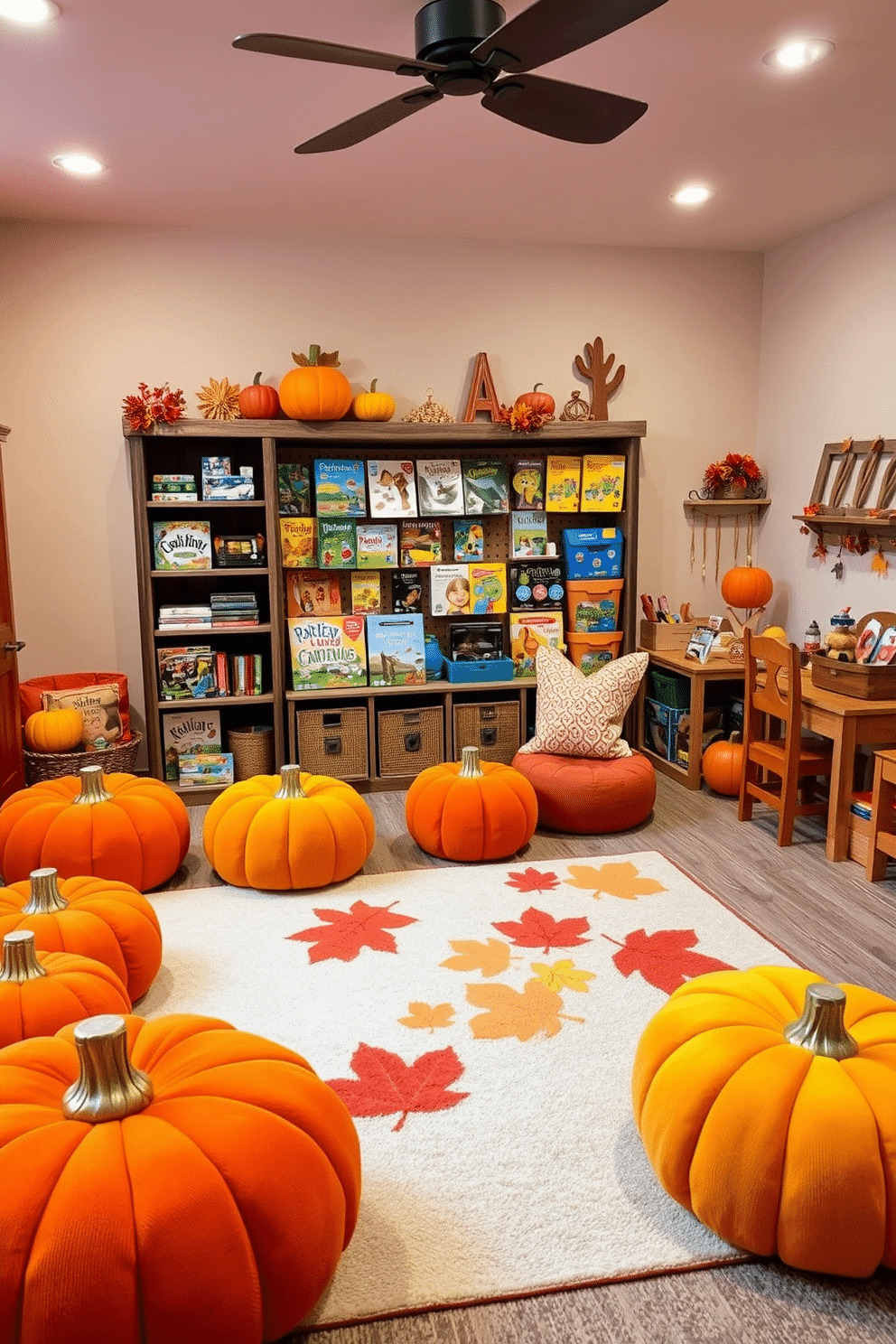 A cozy fall-themed playroom with vibrant orange and yellow accents. Plush seating in the shape of pumpkins is scattered around, and a large area rug features autumn leaves. A collection of puzzles and games displayed on a rustic wooden shelf. Soft lighting creates a warm atmosphere, and a corner is dedicated to a craft station with seasonal decorations.