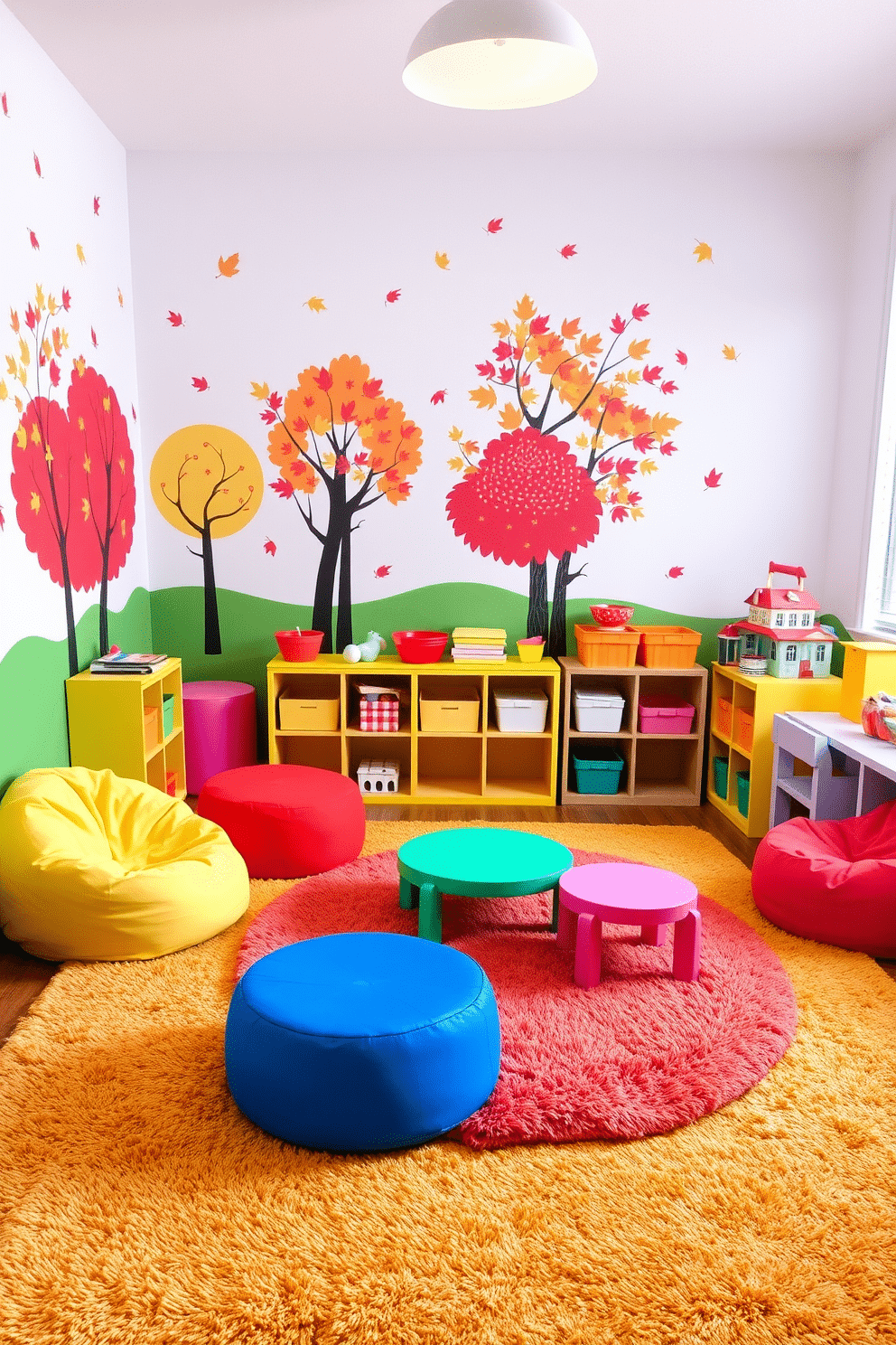 A whimsical playroom filled with vibrant colors and playful designs. The walls are adorned with wall decals of autumn trees and leaves, creating a cheerful atmosphere. Soft, plush rugs in warm tones cover the floor, providing a cozy space for children to play. Brightly colored furniture, including bean bags and low tables, invites creativity and fun.