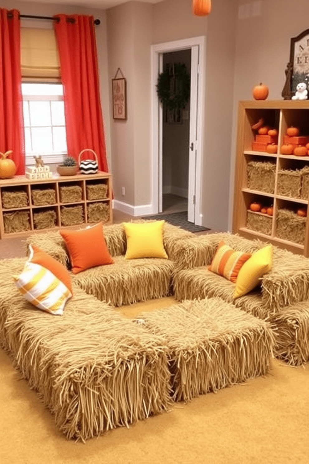 A cozy playroom designed for fall features miniature hay bales arranged as seating options for children. The space is adorned with warm autumn colors, including orange and yellow accents, creating a cheerful atmosphere for play and creativity.