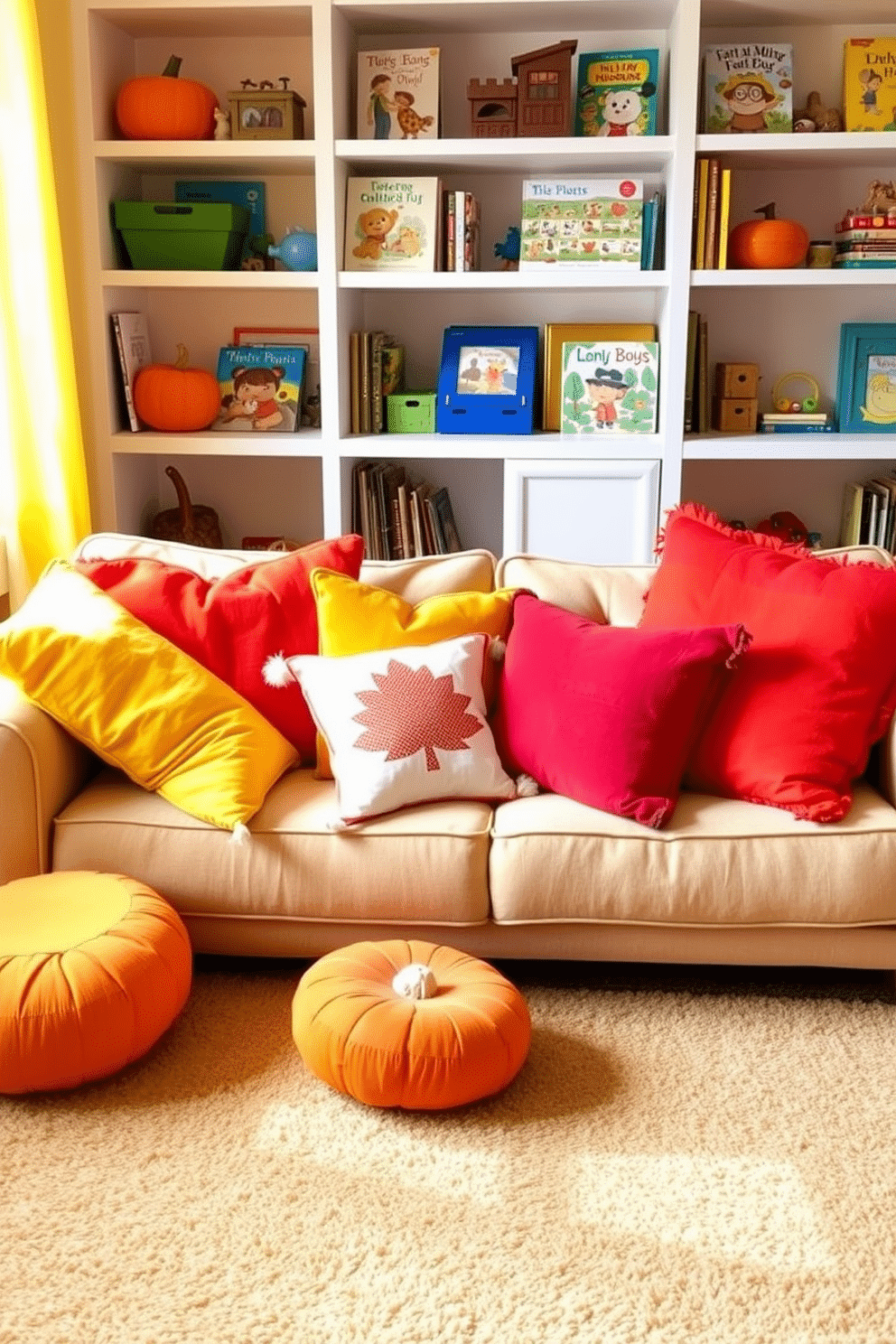 Brightly colored fall cushions and pillows are scattered across a cozy playroom sofa. The vibrant hues of orange, yellow, and deep red create a warm and inviting atmosphere, perfect for autumn playtime. The playroom features a soft area rug in earthy tones, complementing the cushions. Shelves filled with children's books and toys add a playful touch, enhancing the seasonal decor.